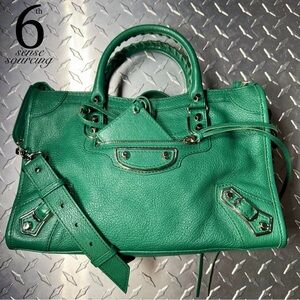 Balenciaga Leather Small Metallic Edge Moto City Bag in Emerald Green